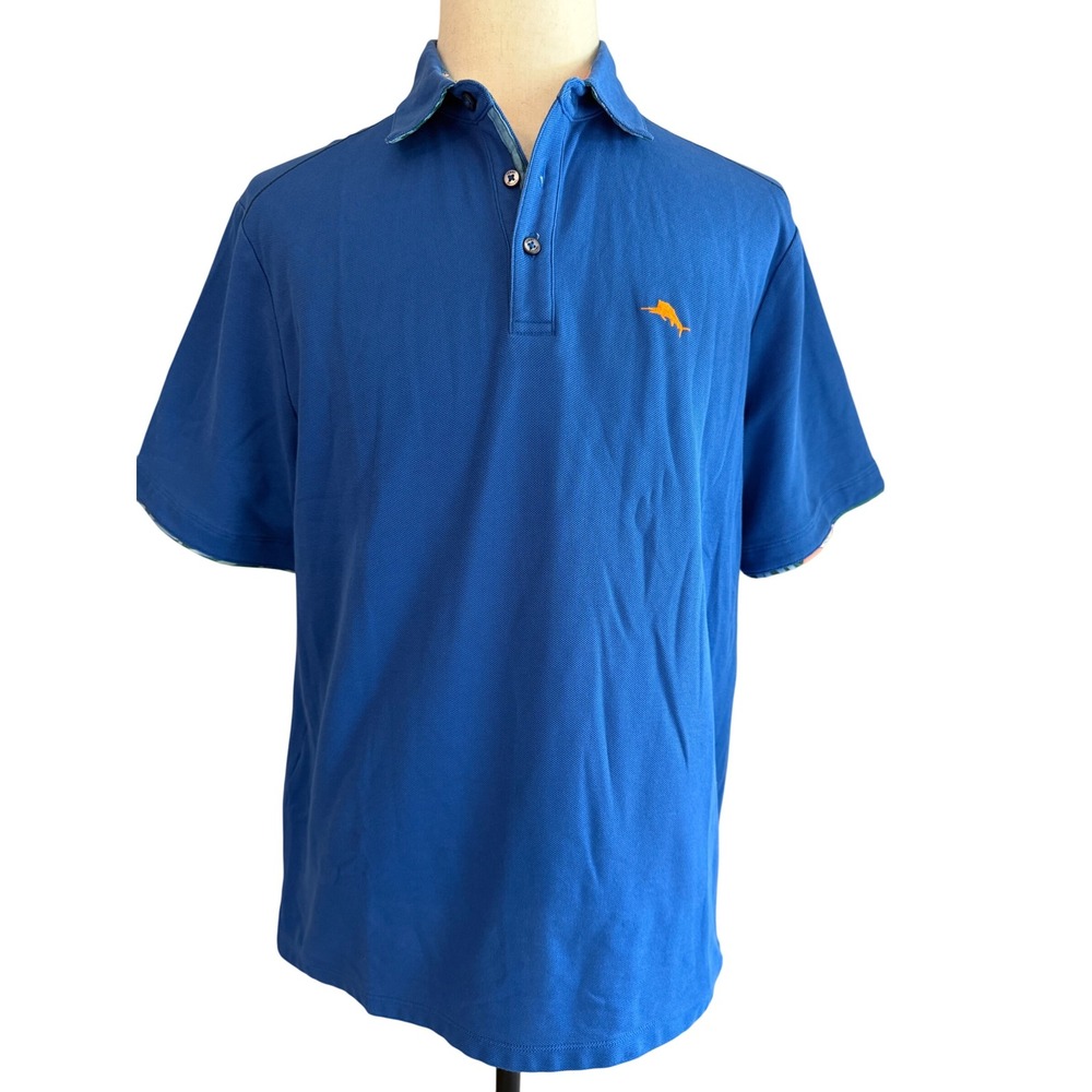 Tommy‎ Bahama Polo Shirt Golf Casual Short Sleeve Blue Orange Logo L